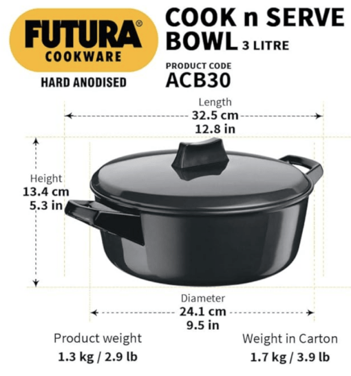 Hawkins Futura 3 Litre Cook n Serve Bowl, Hard Anodised Saucepan with Hard Anodised Lid, Sauce Pan for Cooking and Serving, Black (ACB30) (Aluminium) - Image 3